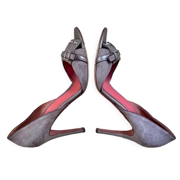 RARE JUDITH LEIBER VIOLET SUEDE & LEATHER JEWEL/FRINGE OPEN TOE HEELS, sz 10B - Picture 5 of 14